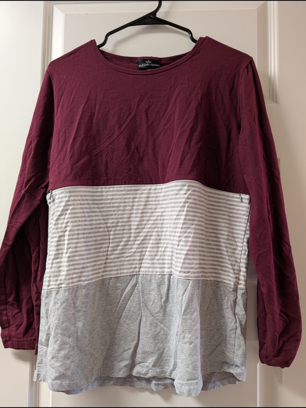 Nursing Queen Burgundy, White & Gray Long Sleeve Nursing Top